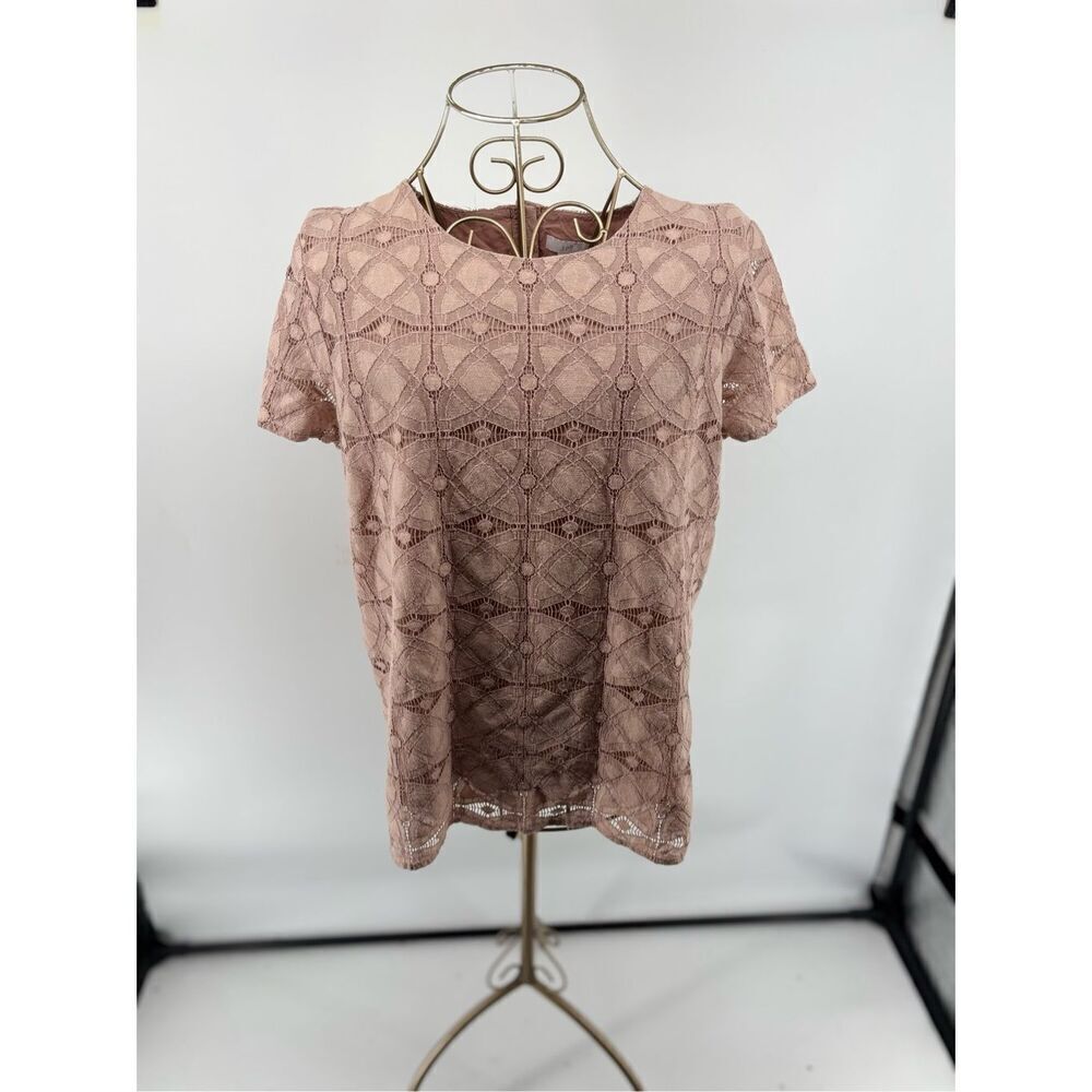 J. Jill Lace Short Sleeve Top Lined Round Neck Size Small Pink
